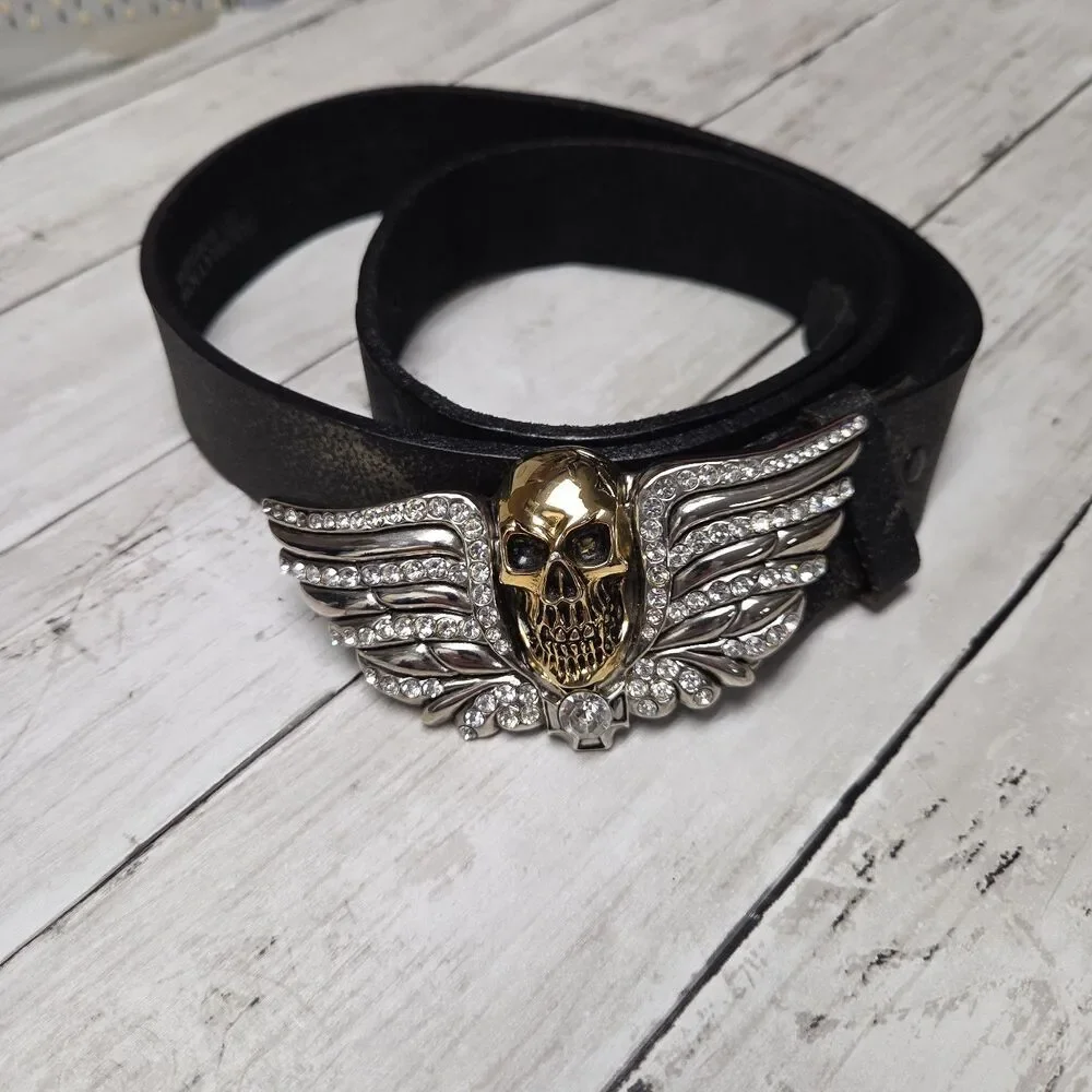 Washed Up Hollywood Gold Skull Rhinestone Winged Belt Genuine Leather Made USA